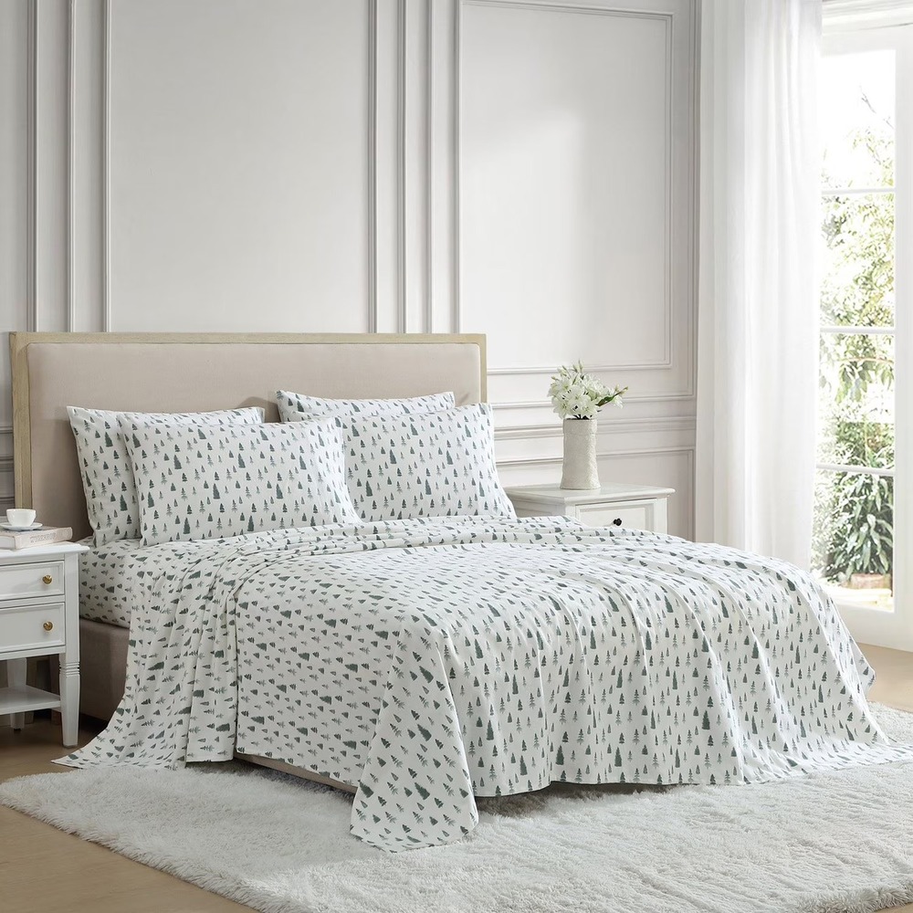 Lenox 6 Piece Flannel Sheet Set King Pine Trees Green 100% Cotton NEW